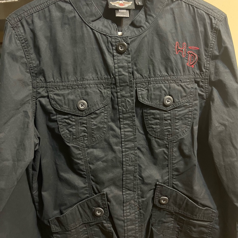 Harley-Davidson Black Button-Front Women's Shirt Jacket with Red HD Stitching